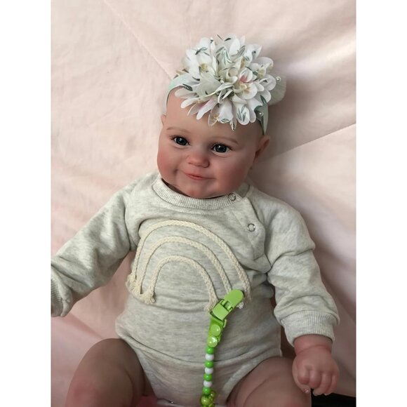 🆕 Reborn Baby Doll Grey Sweet Smile Full Body Silicone Vinyl Headband Flower - Picture 1 of 8